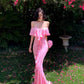 Robe sirène rose dégradée à volants : décolleté en V épaules dénudées, coupe ajustée, style romantique français NV6401