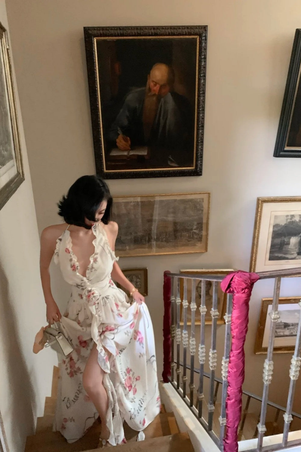 Robe longue dos nu imprimée roses de jardin français, style féerique NV6403