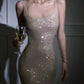 Robe sirène à bretelles fines et strass couleur champagne : dos nu plongeant, coupe moulante, pièce maîtresse pour un banquet NV6414