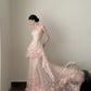 Pink Elegant Retro Fashion Romantic Long Floor Length Trailing Chiffon Tulle Ball Gown Evening Dress Birthday/Vacation/Wedding Dress Ball Gown Wedding Dress nv4075