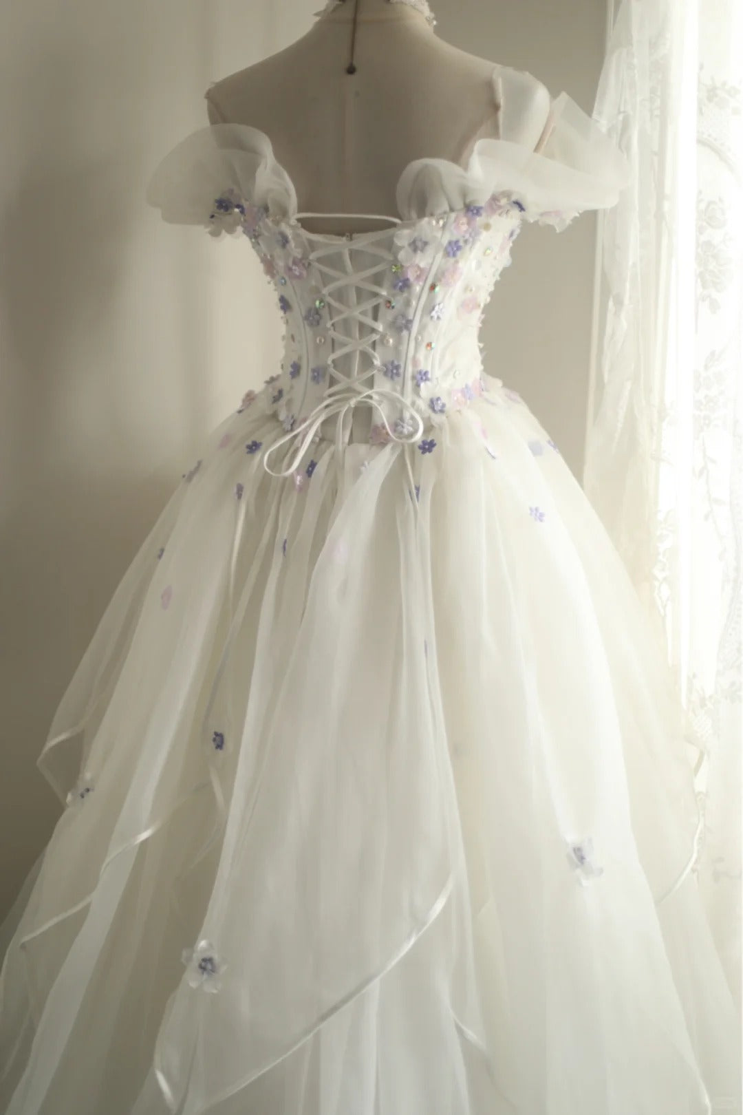 White sweet floral long tulle ball gown evening dress party dress nv4691