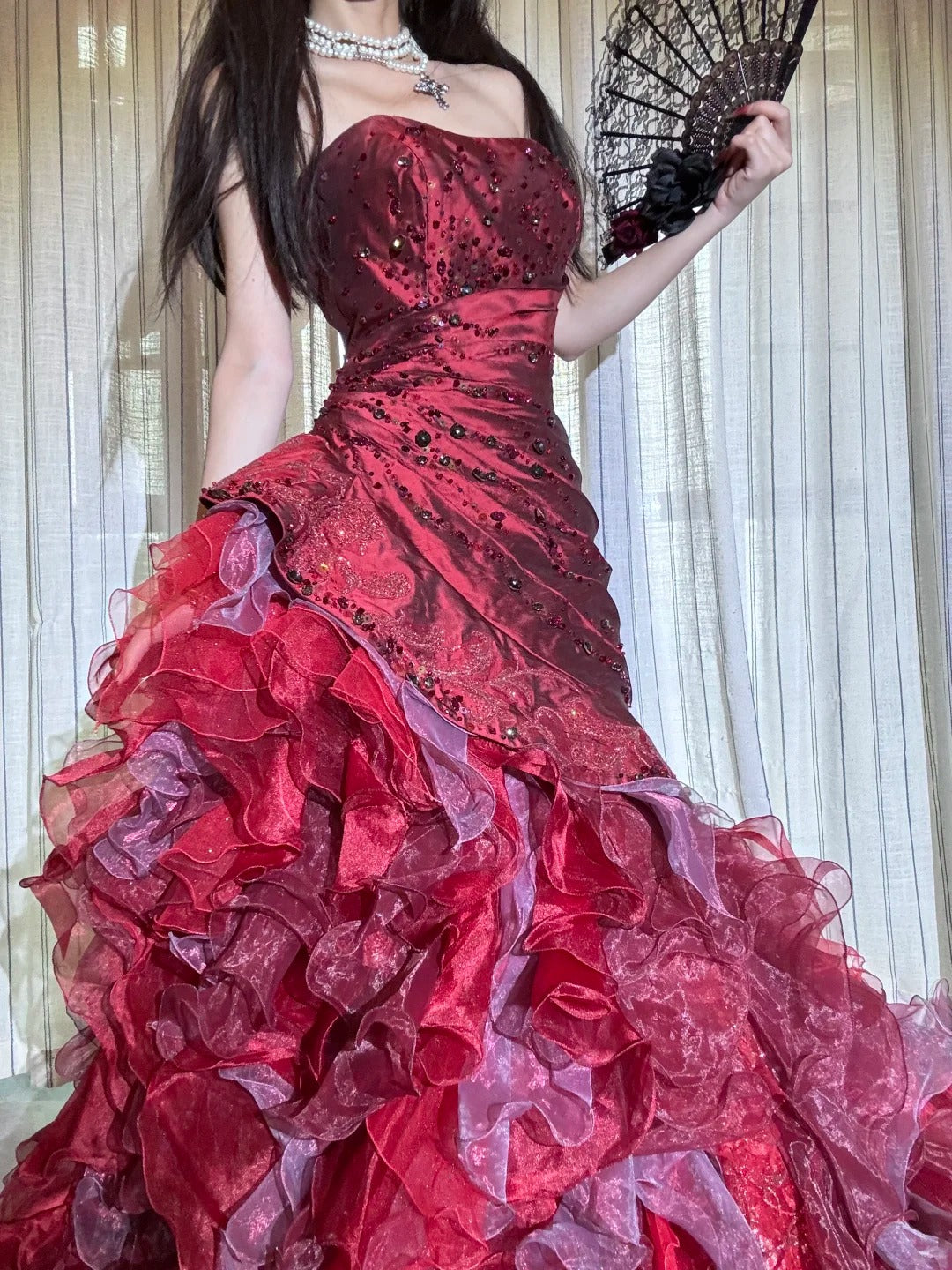 Robe de bal longue en mousseline rouge luxueuse et somptueuse, robe de princesse NV6727