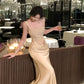 Square Neck Boned Corset Champagne Satin Mermaid Gown Draped Formal Evening Dress  NV6881