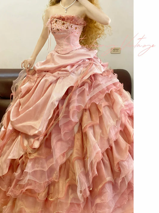 Pink Beaded Vintage Elegant Long Princess Satin Ball Gown nv5031