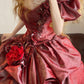 Red floral pleated fashionable long satin princess ball gown nv5045