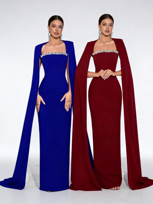 Robe de soirée sirène bustier mate - Robe de soirée haut de gamme à manches cape en cristal NV6801