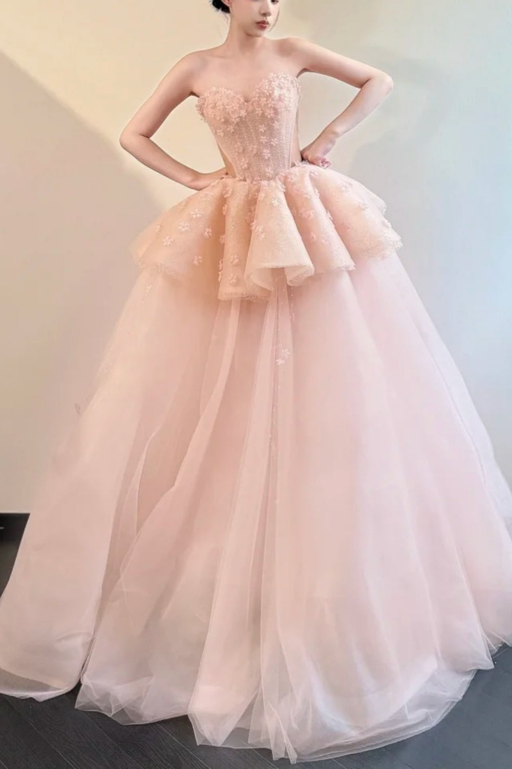 Robe de bal longue en mousseline rose brillante à fleurs, robe de princesse NV6741