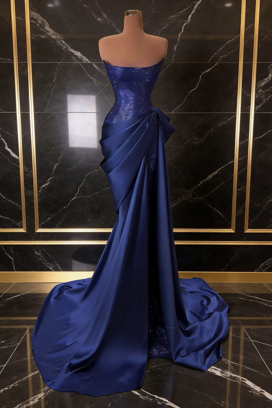 Robe de soirée sirène bustier en satin bleu royal à sequins et nœud torsadé - Robe de luxe NV6779