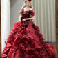 Robe de bal longue en tulle rouge délicatement perlée NV6662