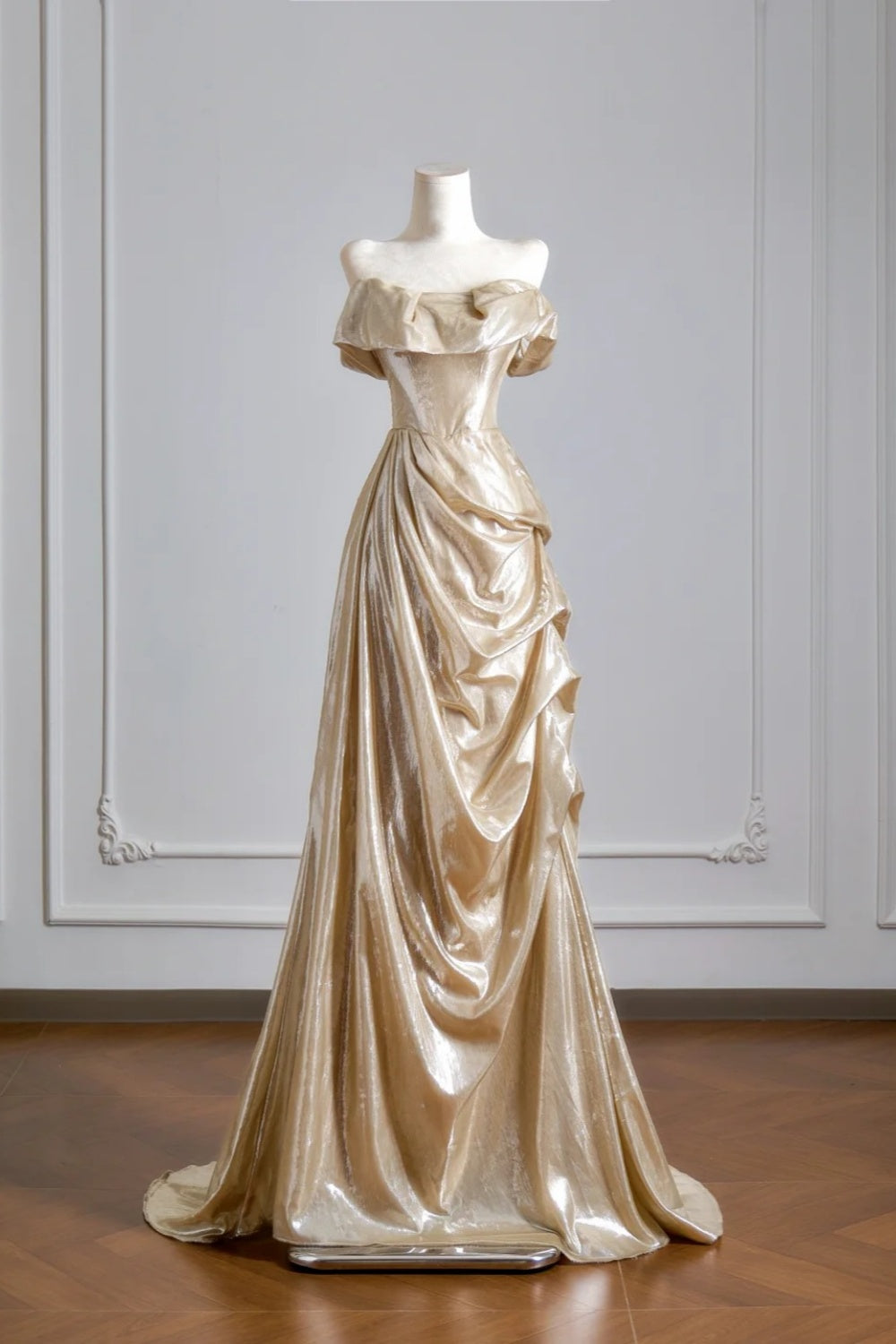 Champagne Off-the-Shoulder Shiny Mermaid Formal Gown for Party  NV6877