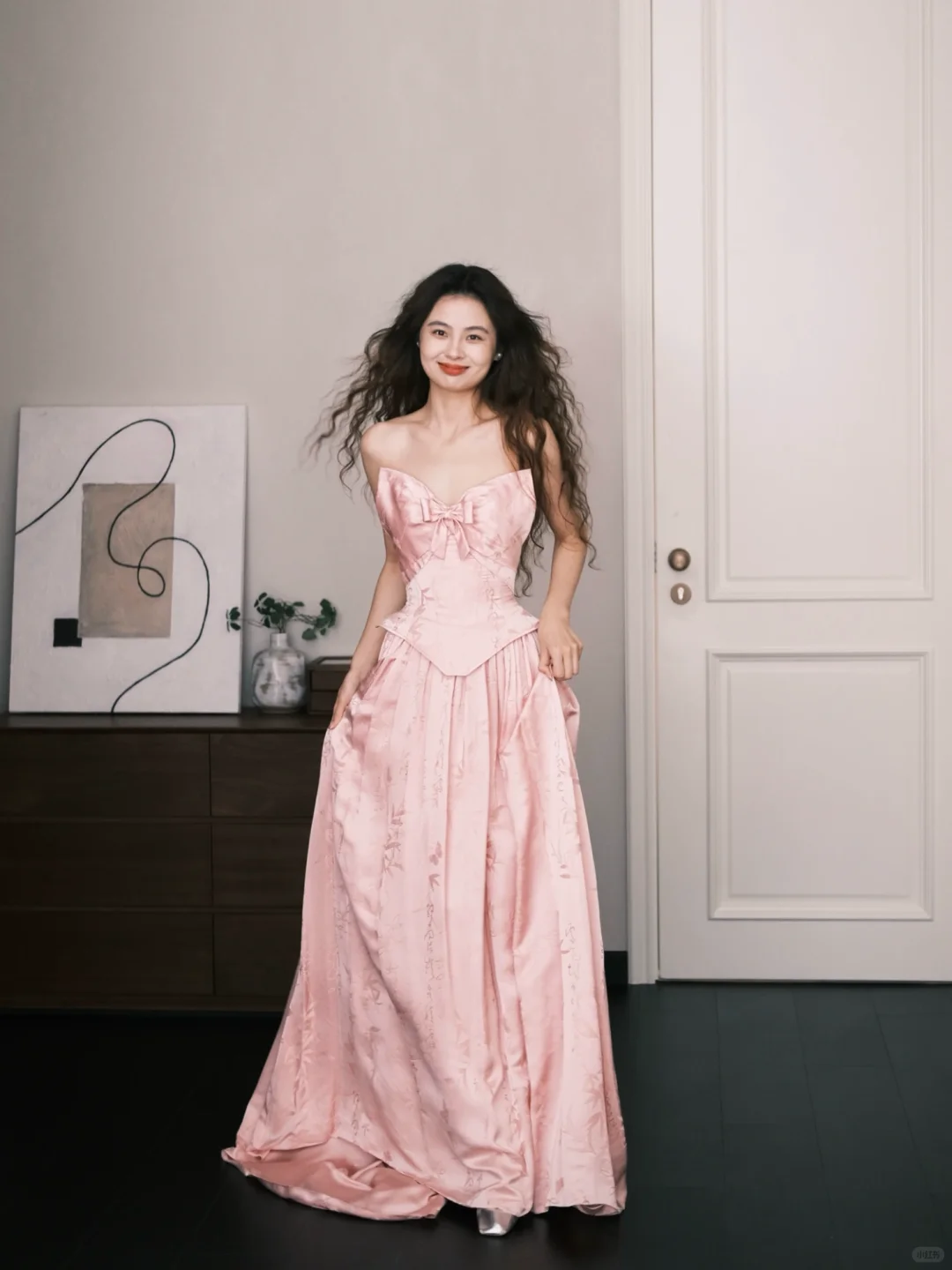 Strapless Dusty Pink Satin Jacquard Evening Gown, Bow Detail Corset Prom Dress with Train  NV7388