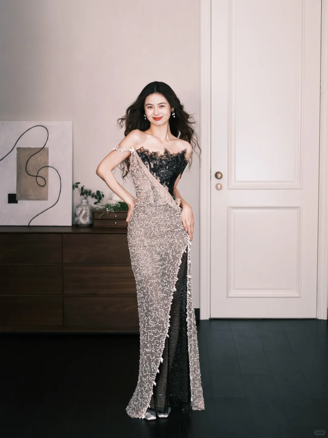One Shoulder Black Lace Sequin Prom Dress, High Slit Mermaid Evening Gown  NV7331