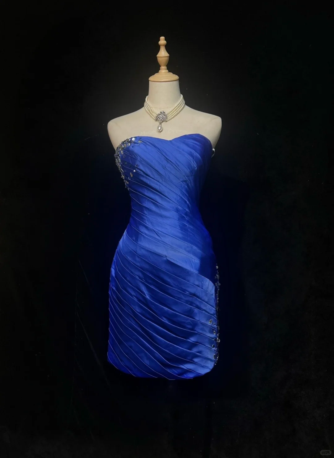 Strapless Royal Blue Homecoming Dress Pleated Satin Mini Formal Gown with Rhinestone Beading  NV6888