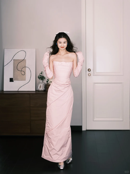 Blush Pink Strapless Ruched Evening Gown with Gloves  NV7298
