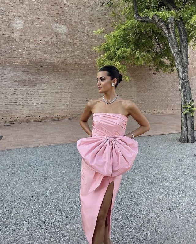 Pink Elegant Simple Unique Bow Satin Maxi Dress Long Slit Ball Gown Evening Dress nv2735