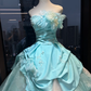 Ice Blue Strapless Princess Ball Gown Beaded Embroidery 3D Flower Ruched Satin Tiered Organza Long Evening Gown  NV7001