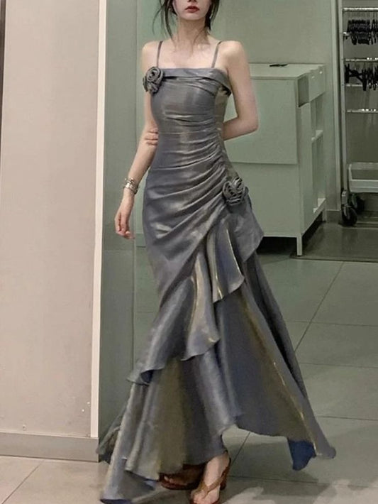 Burgundy Shiny Fashion Spaghetti Strap Long satin Ball Gown Evening Dress Party Dress nv3580