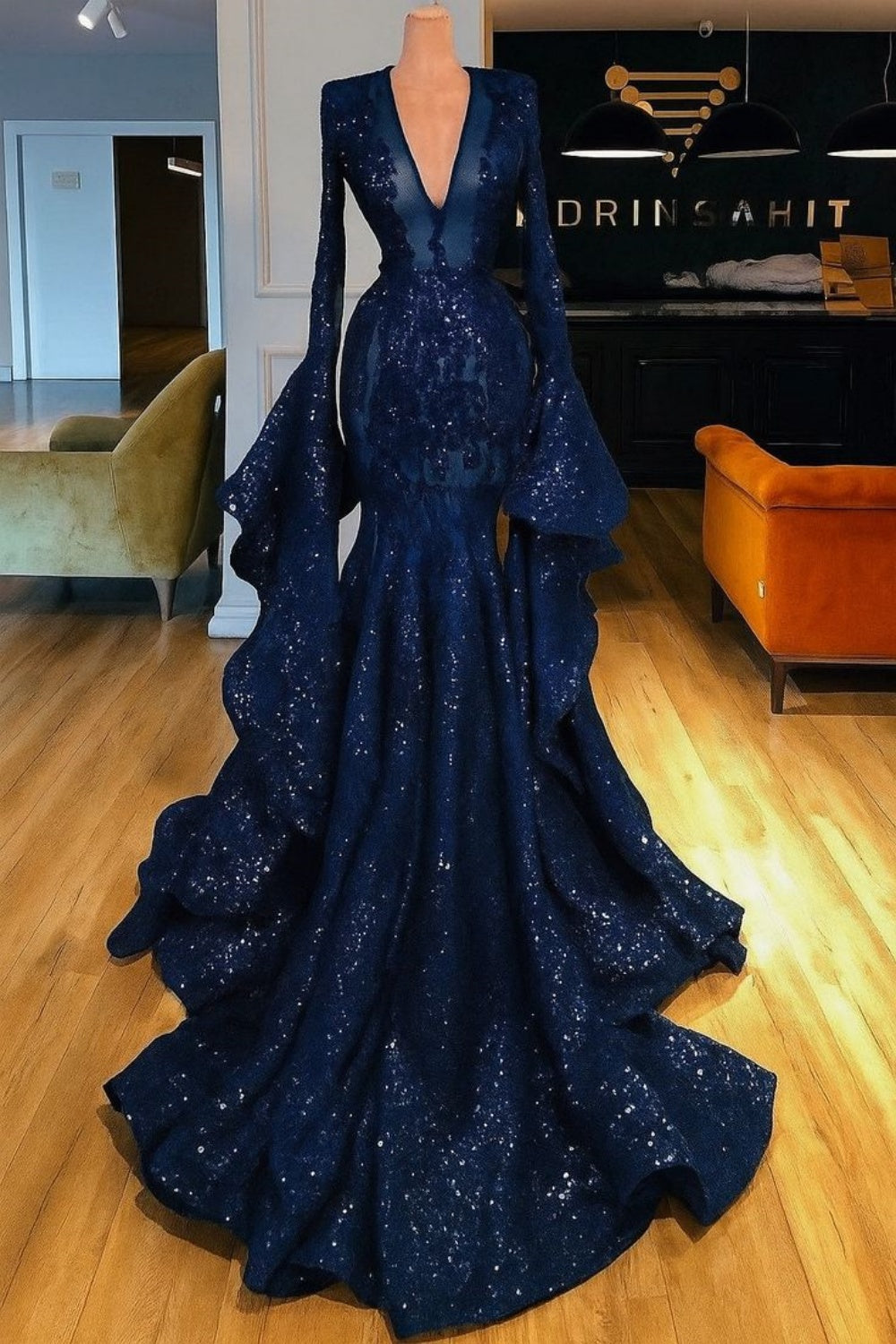 NiceVestidos-_Blue, glamorous, exquisitely beaded, sequined long evening gown  NV6052
