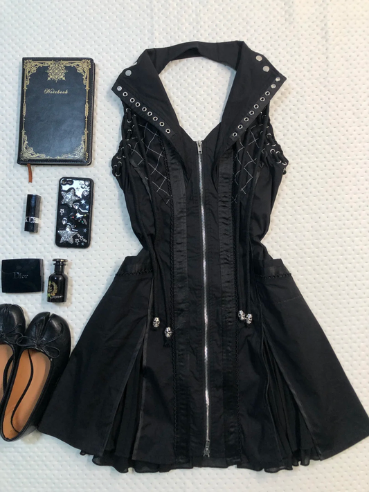 Black Gothic Sleeveless Short Homecoming Dress Halter Collar Lace Up Zipper Punk Cocktail Gown  NV6922