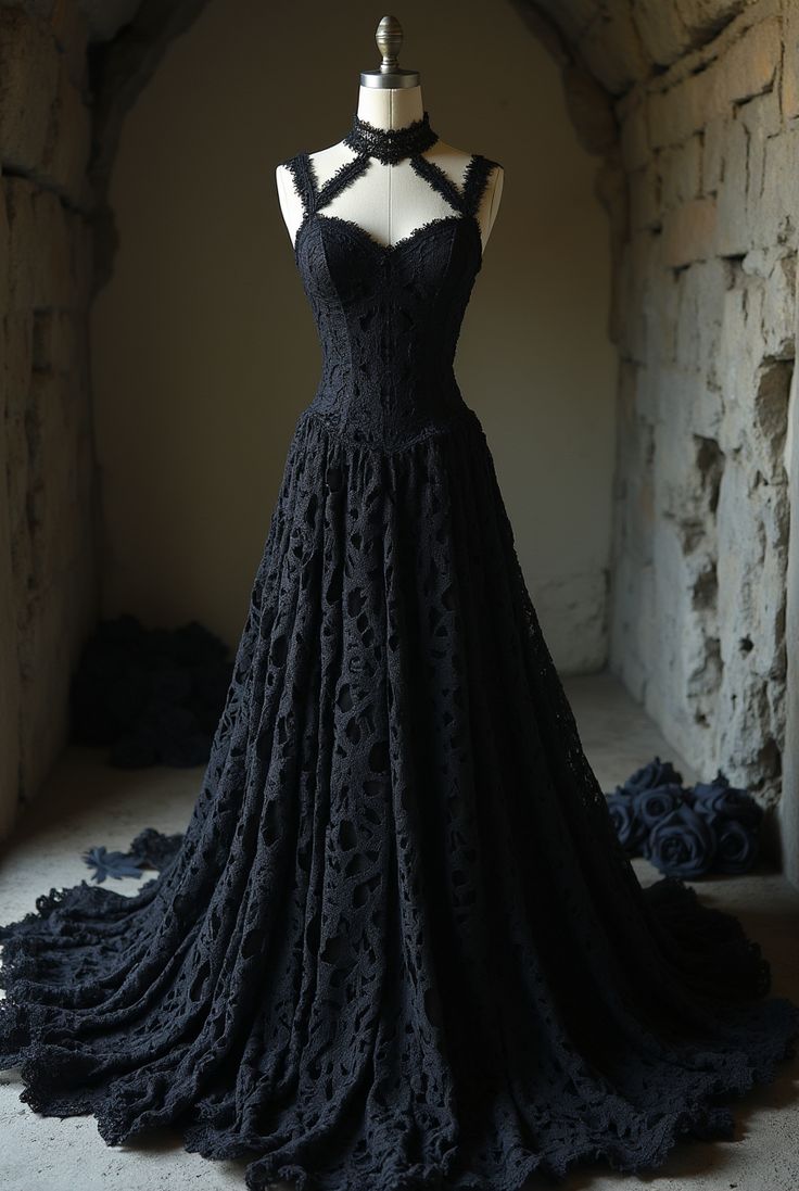 Robe de mariée style gothique rétro, dos nu, bretelles spaghetti, dentelle | Robe longue noire à découpes et traîne, idéale pour une soirée de gala gothique rétro NV6263