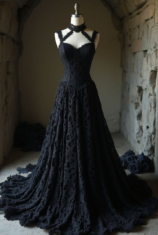 Robe de mariée style gothique rétro, dos nu, bretelles spaghetti, dentelle | Robe longue noire à découpes et traîne, idéale pour une soirée de gala gothique rétro NV6263