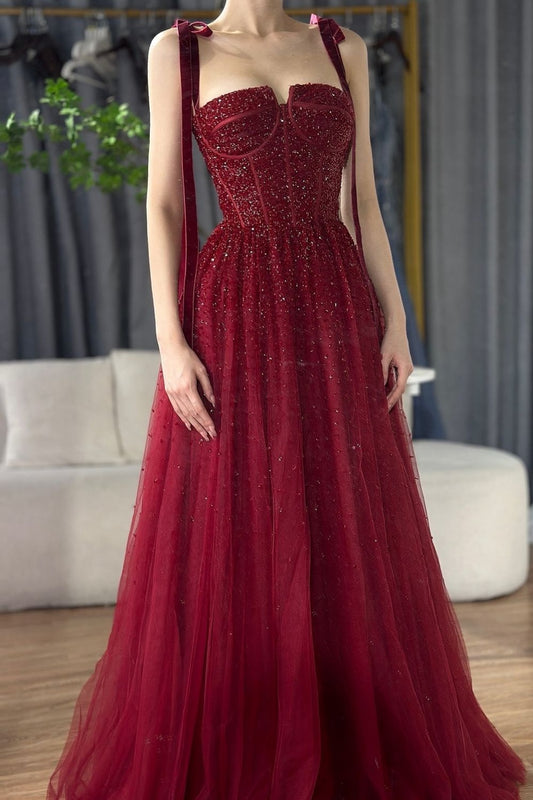 NiceVestidos--Burgundy Tulle Exquisite Sequins Sparkling Long Prom Dress Ball Gown NV5841