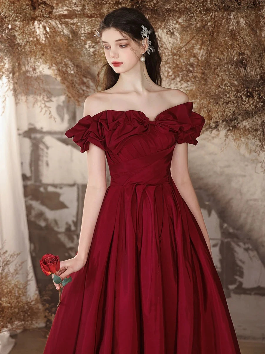 A-Line Off Shoulder Satin Burgundy Long Prom Dress, Burgundy Long Formal Dress nv1605