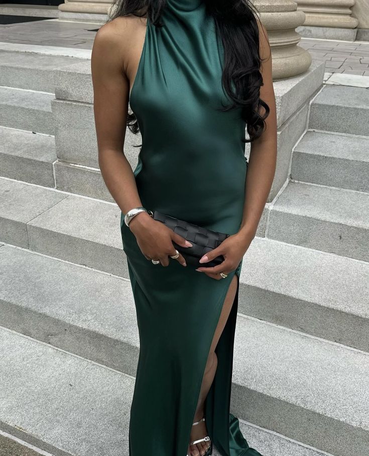 Green Simple Fashionable Elegant Suspender Long Slit Sexy Satin Prom Dress Evening Dress Prom Dress Wedding Guest Party Dress nv3941
