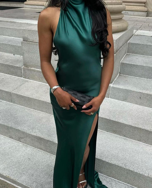 Green Simple Fashionable Elegant Suspender Long Slit Sexy Satin Prom Dress Evening Dress Prom Dress Wedding Guest Party Dress nv3941