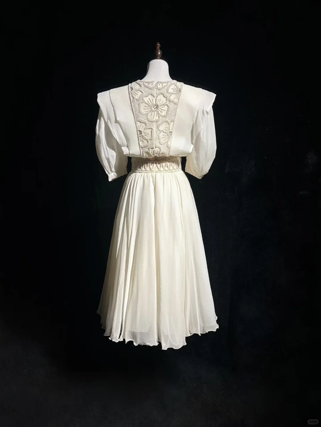 Cream White Vintage Tea Length Prom Dress Round Neck Puff Sleeve Floral Beaded Chiffon A-Line Formal Gown  NV6904