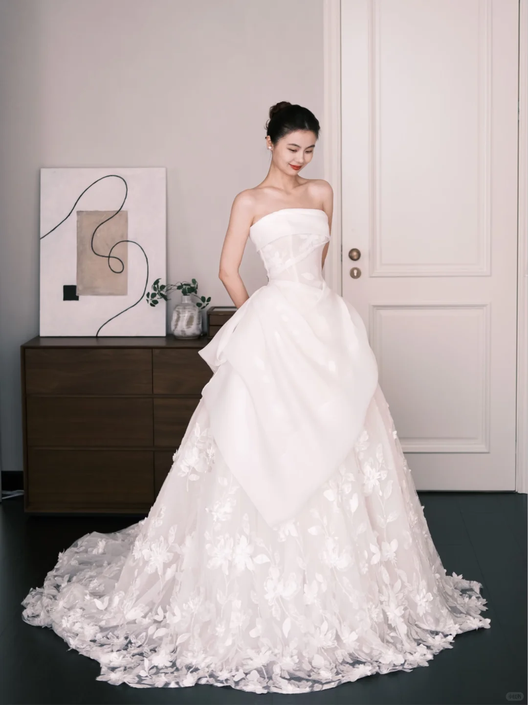 3D Floral Ball Gown Wedding Dress Strapless Satin Bridal Gown  NV7253