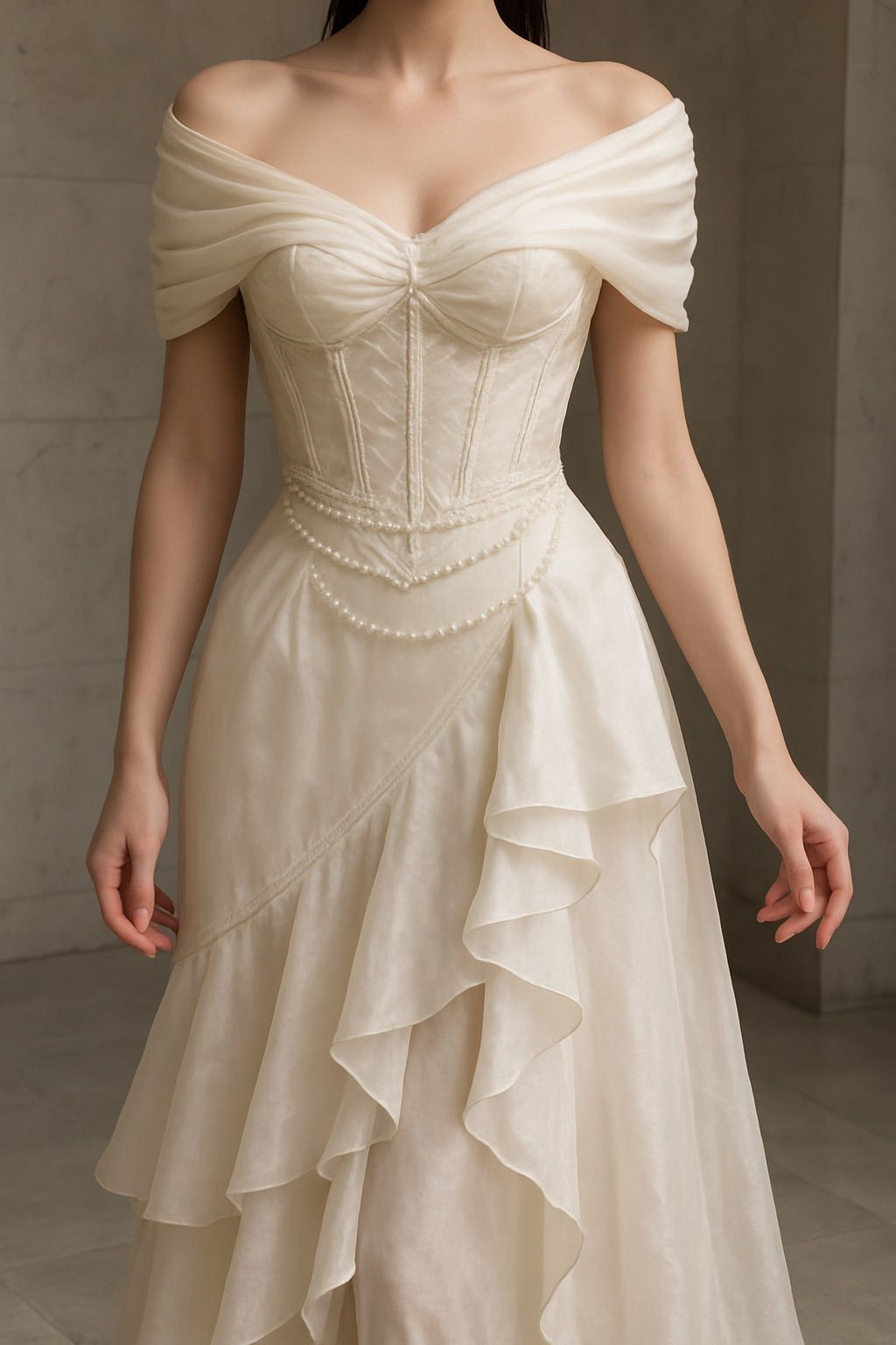 NiceVestidos--Vintage Beige Off-Shoulder Pearl-Embellished Ruffled Elegant Long Gown  NV5907