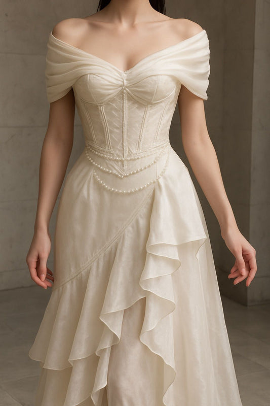 NiceVestidos--Vintage Beige Off-Shoulder Pearl-Embellished Ruffled Elegant Long Gown  NV5907