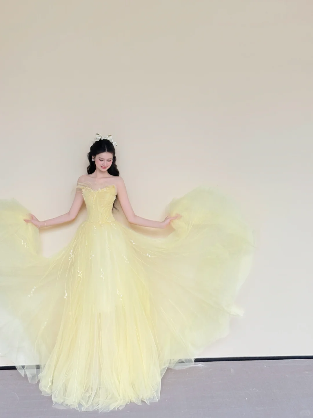 Off Shoulder Pale Yellow Pearl Floral Tulle Evening Ball Gown  NV7430