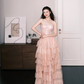 Blush Pink Tiered Sequin Tulle Prom Dress, Strapless Corset Evening Gown  NV7283