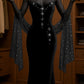 Navy blue shiny beaded tulle velvet long prom dress evening dress nv5122