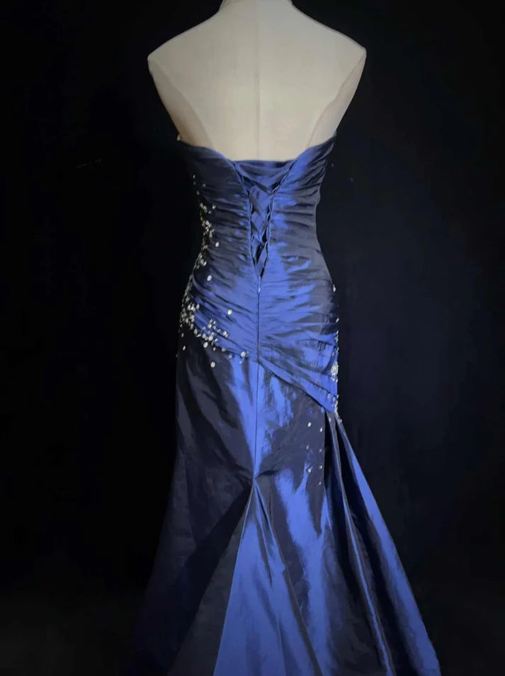 Navy Blue Gorgeous Vintage Exquisite Beading Long Sleeveless Mermaid Satin Long Ball Gown Evening Dress nv3572