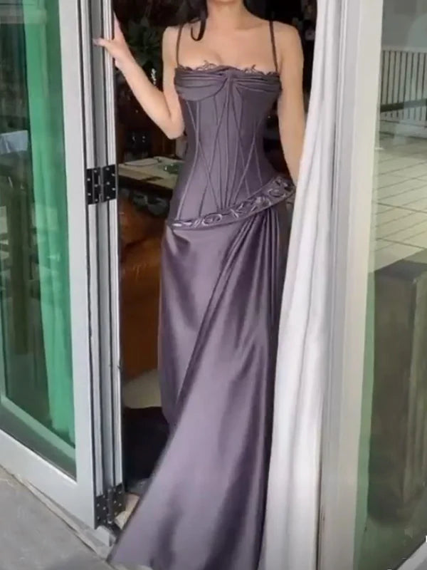 Gray Purple Vintage Fashion Spaghetti Strap Sleeveless Mermaid Long Satin Evening Gown Prom Dress nv3807