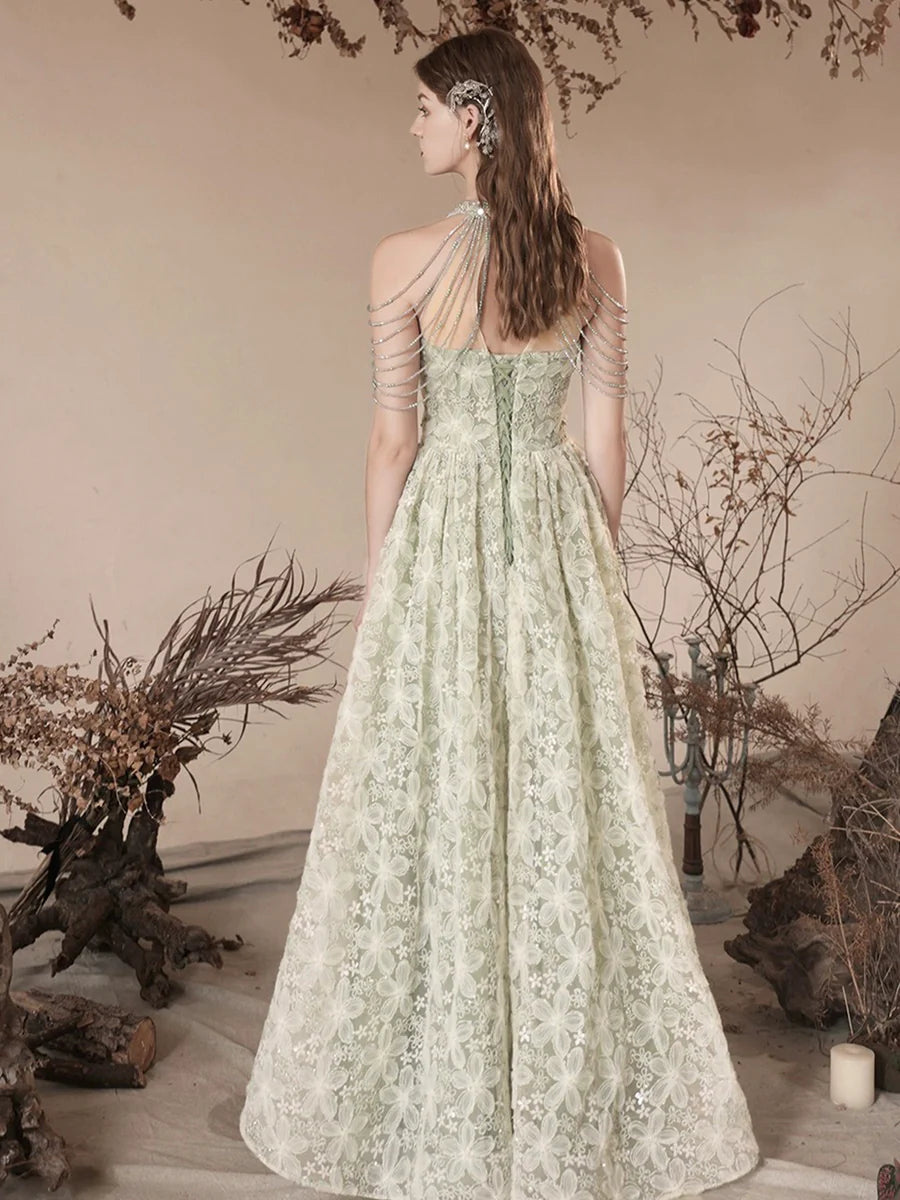Cute Tulle Flower Floor Length Green Prom Dress, Beautiful Backless A-Line Evening Party Dress   nv1414
