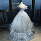Light Gray Blue Off Shoulder Princess Ball Gown Corset 3D Gradient Floral Tiered Organza Ruffle Long Evening Gown  NV7003