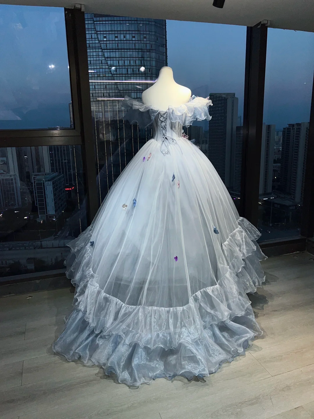 Light Gray Blue Off Shoulder Princess Ball Gown Corset 3D Gradient Floral Tiered Organza Ruffle Long Evening Gown  NV7003