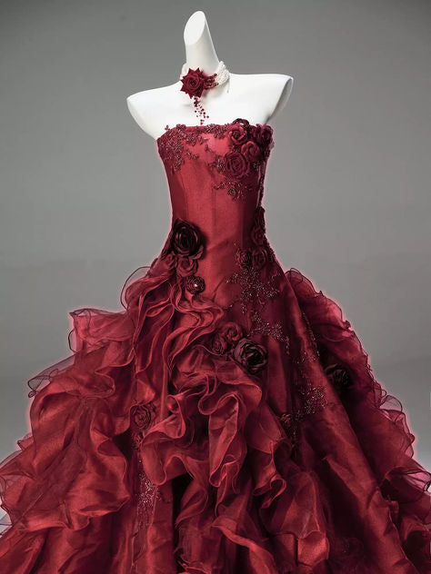 Robe de bal NiceVestidos - Bordeaux, tulle floral 3D, bustier, sans manches, traîne longue NV6181