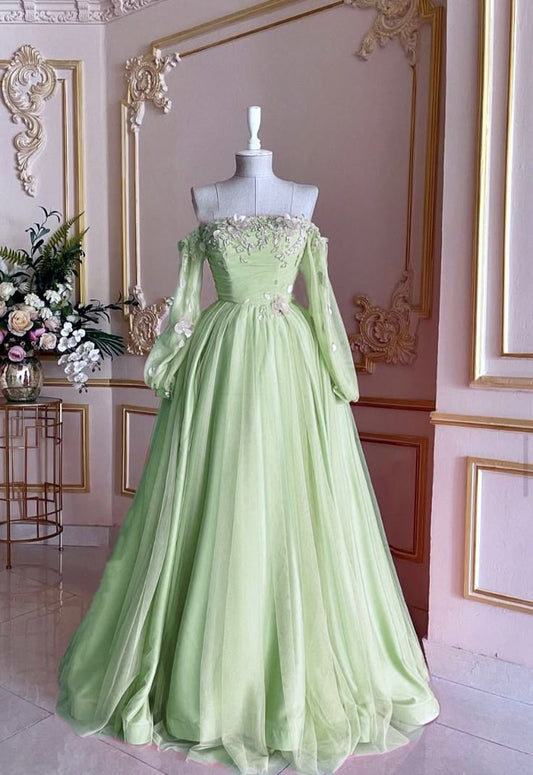 Green Gorgeous Exquisite Beaded Long Tulle Ball Gown Evening Gown nv4169