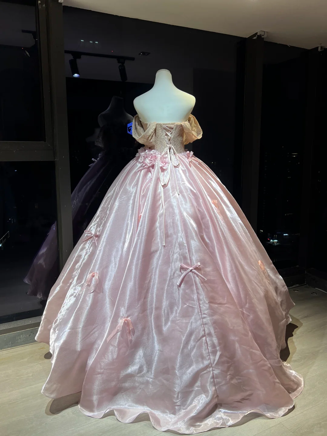 Pink Off Shoulder Organza Ball Gown, Lace Corset Dress with 3D Rose Flowers and Handmade Bows  NV7095