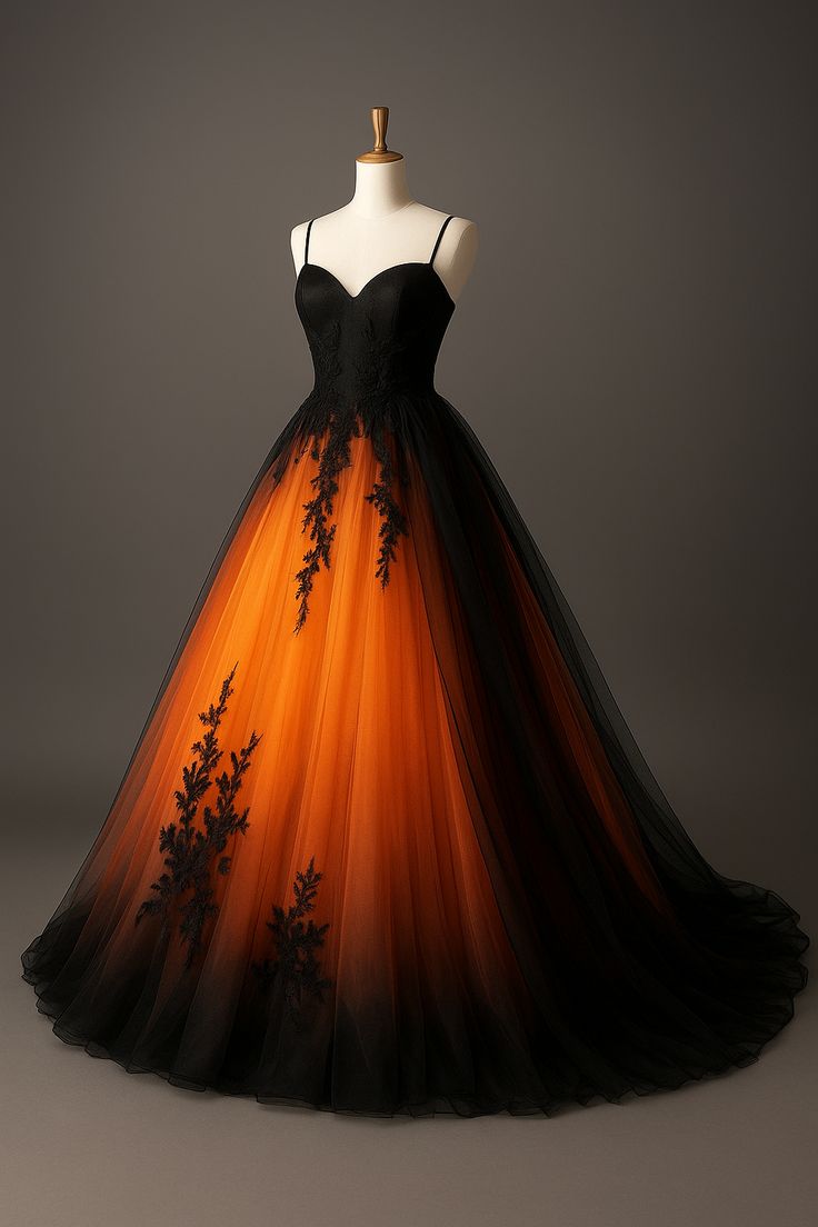 Robe de bal nuisette à broderie dégradée noire et orange : décolleté en cœur, bordure florale, robe longue rétro de soirée NV6435