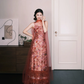 Floral Sequin Spaghetti Strap Evening Dress, Formal Gown with Red Tulle Cape  NV7322