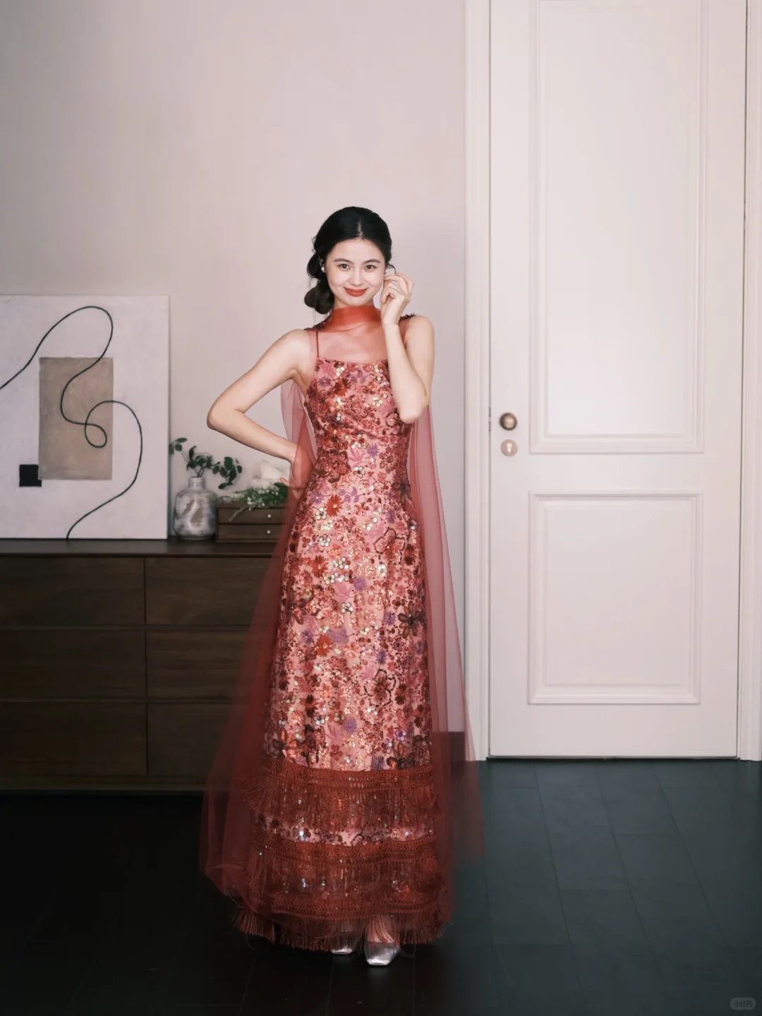 Floral Sequin Spaghetti Strap Evening Dress, Formal Gown with Red Tulle Cape  NV7322