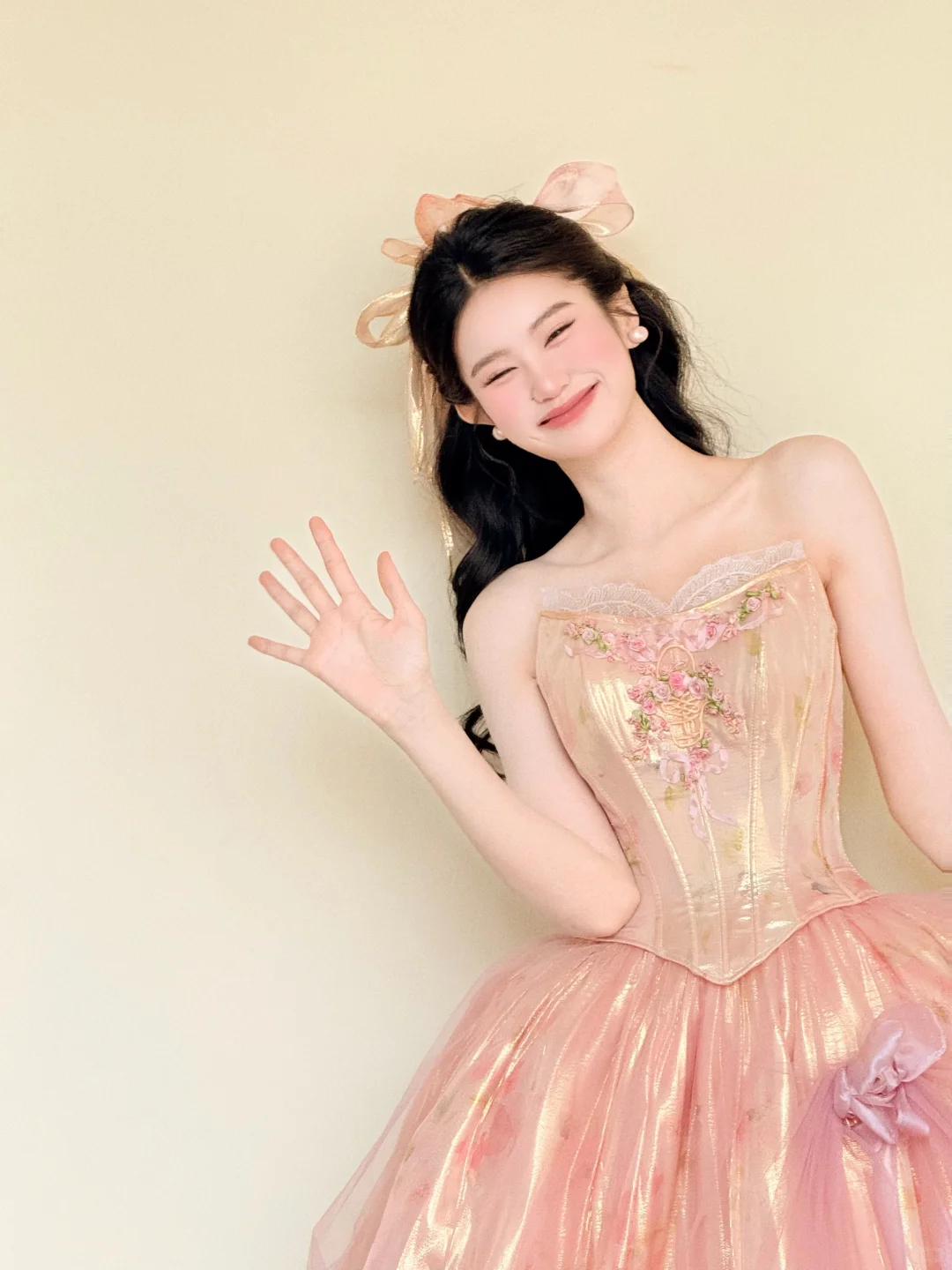 Strapless Pink Gold Corset 3D Rose Princess Ball Gown Prom Dress  NV7419