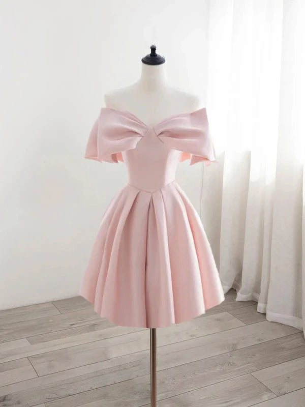 Decorated with a big bow on the front Cute pink satin short homecoming dress graduation dress nv1732