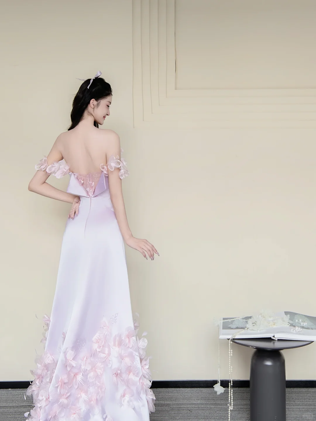 Off Shoulder Gradient Lavender Satin Evening Dress, 3D Pink Flower Petal Prom Gown  NV7433